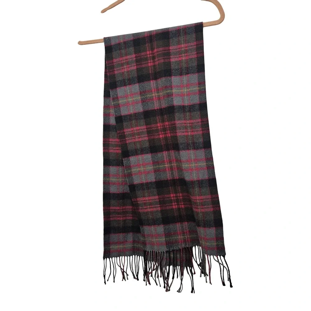 Clans of Scotland Scarf Red Grey Plaid Pure New Wool Fringe Tartan Preppy